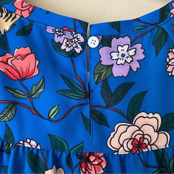 LOFT | Cap Sleeve Blouse Top Floral Tiger Print Office Blue Pink Small - Picture 6 of 8